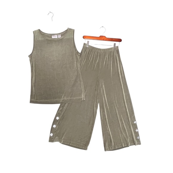 Chicos Travelers Tank Top & Wide Leg Cropped Pants Set Sz Small (1) Olive Green - Picture 1 of 14